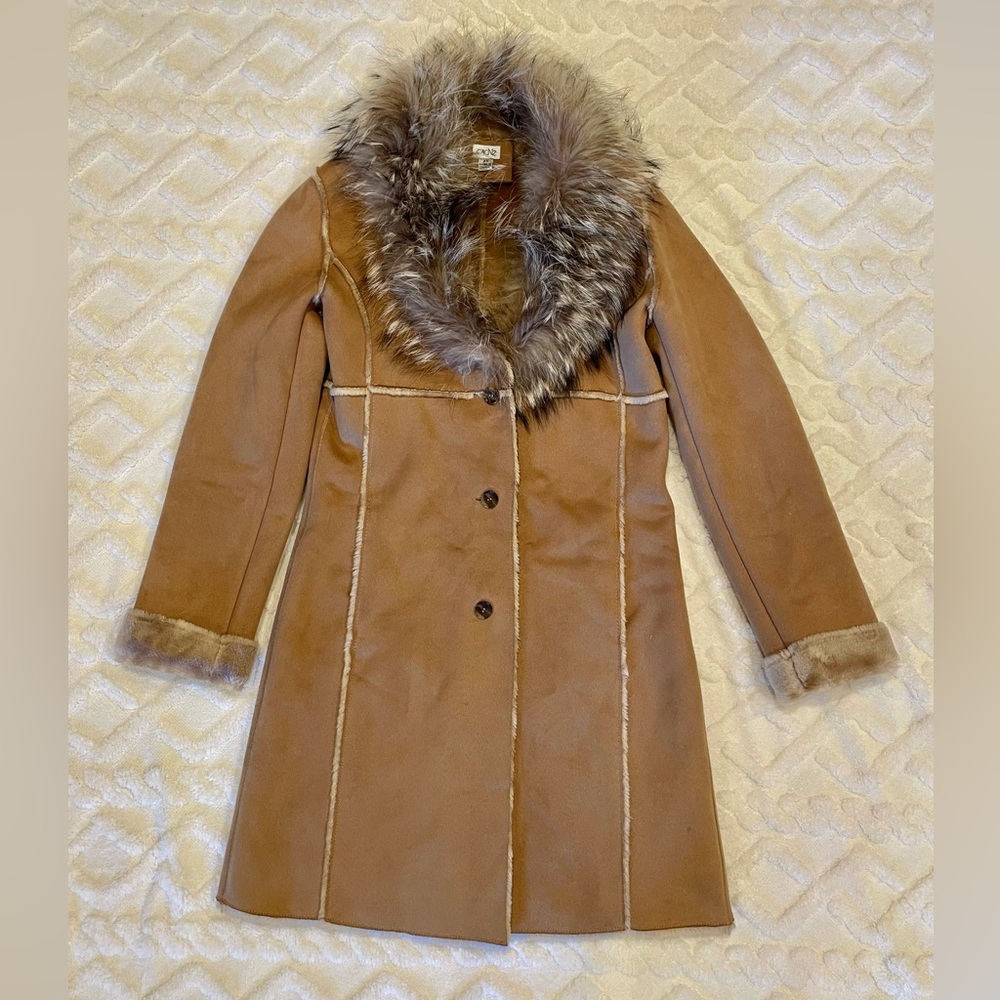 Cache Light Brown Trench Coat with Faux Suede and Real Raccoon Fur Trim, Sz XS
